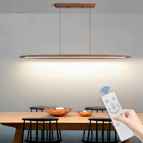 Mikeru Pendelleuchte Holz 130cm, Pendelleuchte Esstisch 3000K/4500K/6000K Pendelleuchten Dimmbar Memoryfunktion 10% bis 100% Walnuss Küchenlampe Hängend für den Einsatz in Wohnräumen