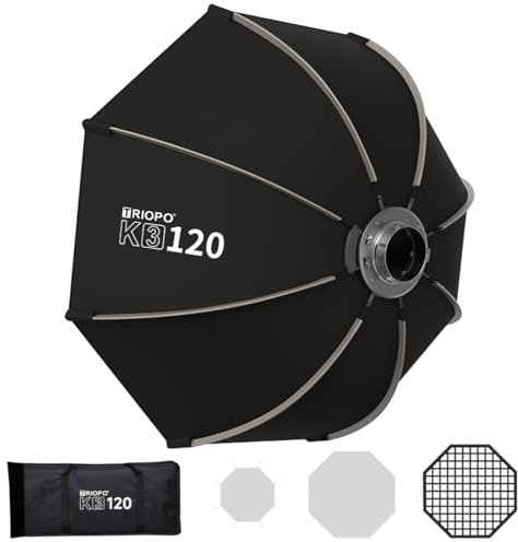 Triopo Softbox ottagonale portatile Bowens Mount Softbox: Quick Setup with Foldable Design, Compatibility for Bowens Continuous Lights (K3-120/120cm/47.2in)