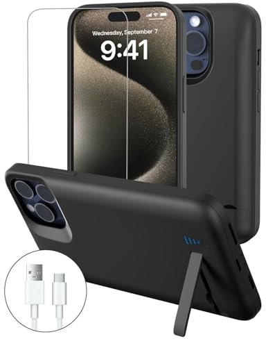 Gladgogo Charger Case for iPhone 15 Pro Max, 8500mAh Charging Case with Kickstand - Black