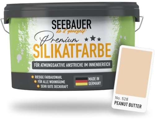 SEEBAUER diy Silikatfarbe Orange 5L für Innen (No. 528 Peanut Butter) Atmungsaktive Mineralfarbe für Allergiker - Abwaschbare Wandfarbe - Orangetöne hohe Deckkraft