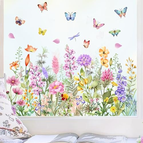 3Fogli Adesivi Finestre Fiori Vetrofanie Farfalle Adesivi Vetro Decorativi Fiori Rimovibile Primavera Decorazioni per Finestra Muro Vetrina Fai da Te (C)