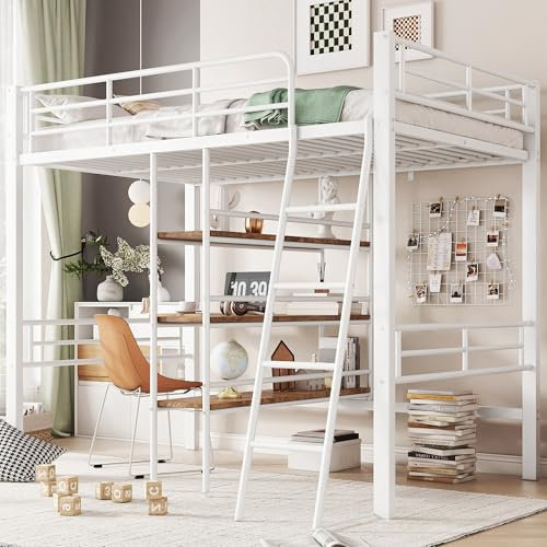 Cama alta, 90 x 200 cm, sin colchón, cama con escritorio, varios estantes, barandilla, escalera, marco de hierro (blanco)