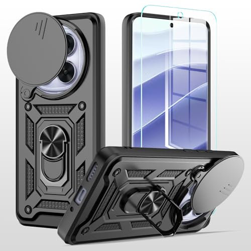 hülle für Xiaomi Redmi Note 14 Pro 5G Handyhülle Kameraschutz Slide Camera mit 1 Stück Panzer Schutz Glas ﻿, 360 Grad Drehbar Metall Ring Fallschutz Handy Hüllen Outdoor Schutzhülle Cover Schwarz