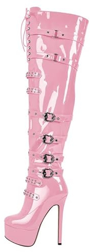 Blingqueen - Stivali da donna con plateau, stivaletti sopra al ginocchio, stilettos, tacchi alti punk, Colore: rosa., 38 EU