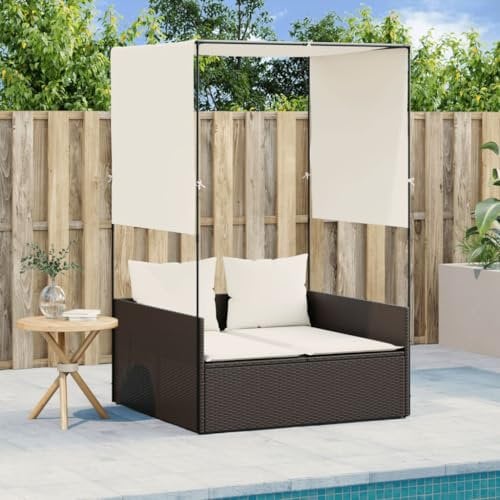 Fasba Doppel Sonnenliege, Gartenliege mit Dach Vorhängen, Doppelliege für Garten Terrasse, Relaxliege Sonnenbett Gartenmöbel, Braun Poly Rattan