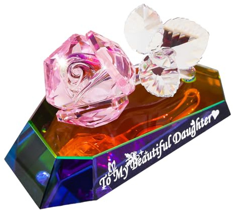 Movdyka Crystal Rose Special Daughter Gifts Birthday Presents Ornaments | To My Daughter Keepsakes from Mum Dad for Christmas Graduation Mother's Day, Multicolor Glass Flower Figurines, Unique Decor