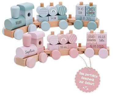 wunderwunsch smallfoot personalisierter Geburtstagszug, Motorikspielzeug, Geschenk Geburt, Personalisierter Zug, Babygeschenk, Holzeisenbahn, Taufgeschenk, individualisiert (rosa, mit Name)