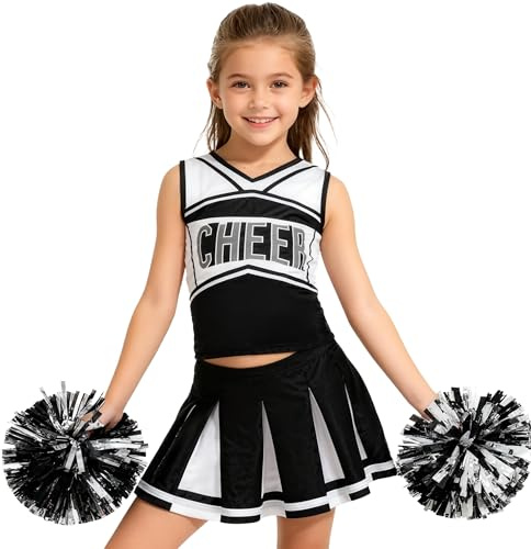 Koatobbor Girls Cheerleader Costume Cheerleading Outfit Dress for Halloween Party Birthday Gift 3-9Years (Black, 6-7 Years