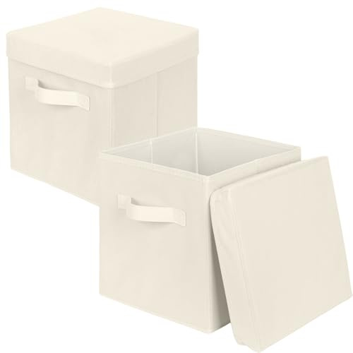 powerking Storage Box Bins, 2 Pack Foldable Fabric Storage Cube with Lid, Clothes Organizer Drawer For Closet And Toys Storage,27x27x28cm,Beige