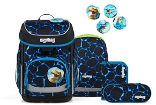ergobag Schulranzen-Set cubo Set Bärassic Garden - Hellblau | Ergonomischer Schulranzen klassisch 5-teilig für die 1. Klasse der Grundschule