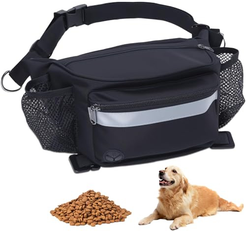 FIVAVA Leckerlitasche für Hunde - Mehrfunktional Futterbeutel Hund - Bauchtasche für Hundezubehör mit Kotbeutelspender - Robuste Leckerlibeutel für Hunde Training (Schwarz)