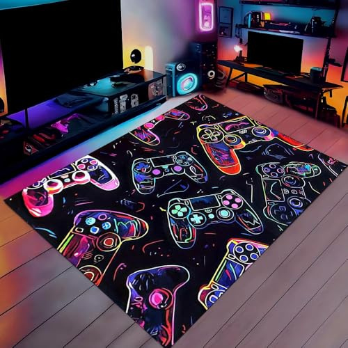 Hojalis Gaming Area Rugs, 47.3 x 31.5 Gaming Rug for Boys Bedroom, Colorful Game Gamepad Carpets, Washable Non-Slip Game Controller Carpet for Bedroom Living Room Playroom