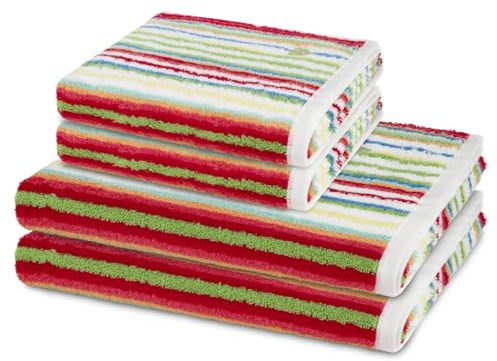 Ross 4er Set Vita Handtücher & Duschtücher – Garngefärbter Walkfrottee 520 g/m², 100% Baumwolle – Weich, Saugstark & Pflegeleicht mit Kordelaufhänger und Markenlogo - Rot/weiß
