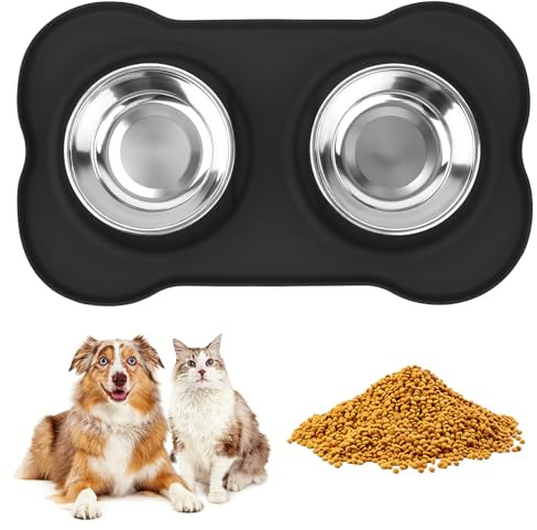 Hundenapf Kleine Hunde Napfset, Futternapf Hunde Katzen Fressnapf Katzen Napfset, Doppel Edelstahl Wassernapf Hundenäpfe mit Hundenapf Unterlage, rutschfest Silikon Tablett Matte(46 x 27 cm)