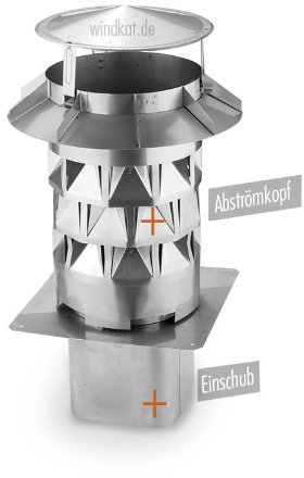 Windkat-Schornsteinaufsatz mit Einsteckstutzen eckig 196x196 mm - Nennweite Ø 200 mm