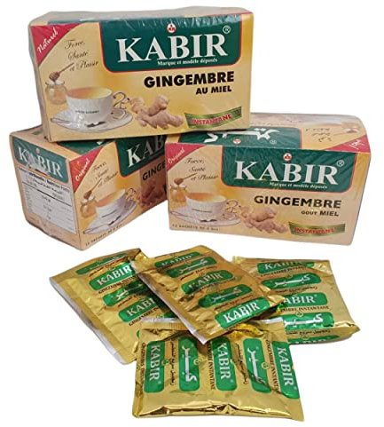 Infusion naturelle au gingembre et au miel, de la Marque KABIR – Boite de 12 sachets d'infusion instantanée