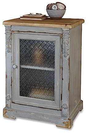 Loberon Kommode Arette, Shabby-Finish, Kunstvolle Verzierungen, Verglasung mit Floralprägung, Vintage-Stil, Two-Tone-Effekt, Aufbewahrung, Tannenholz, Glas, antikgrau/braun