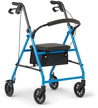 Medline Mobility Dependable Steel Rollator Walker, Light Blue, 300 lb. Weight Capacity, 6” Wheels, Adjustable Handle, Padded Seat & Backrest, Rolling Walker for Seniors and Mobility Impaired