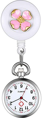 Avaner Krankenschwesteruhr Pinke Blume Pflegeruhr FOB Analog Quarzwerk pulsuhr Ansteckuhr Unisex Silver schwesternuhren mit Pin/Clip Set ausziehbar Arzt Doktor Medical Taschenuhr