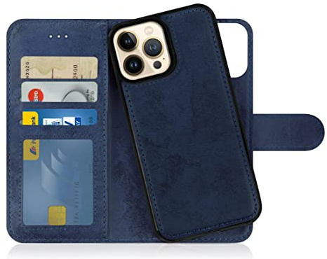 MyGadget Flip Case für iPhone 13 Pro Max - [ abnehmbare Magnet Hülle ] - Handyhülle aus Kunstleder - [ Klapphülle mit Kartenfach ] Schutzhülle in Dunkelblau
