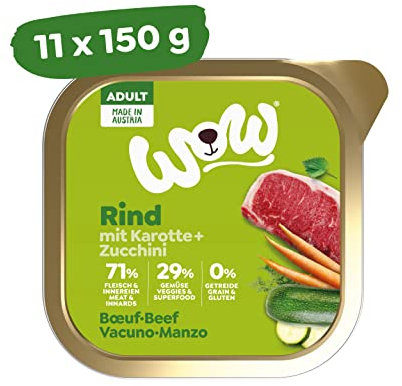 WOW Hundefutter nass Adult mit Rind, 11x 150g I reichhaltiges Nassfutter für ausgewachsene Hunde Aller Rassen I Beste Qualität mit viel Fleisch, Karotten & Zuccini I hohe Akzeptanz & Verträglichkeit