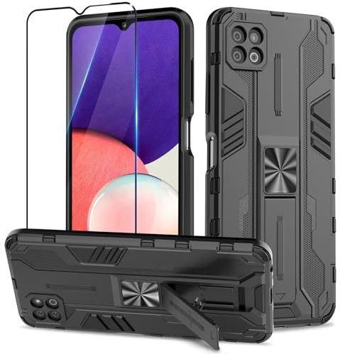 Btstring Hülle für Samsung Galaxy A22 5G mit Panzer Schutz Glas, Militär Standard Cover Case Standfunktion Handy Hüllen- Schwarz