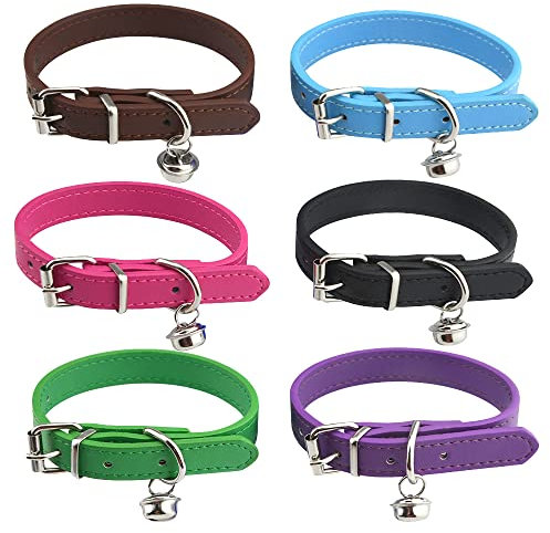 BGTXINGI Leder-Halsbänder mit Glöckchen, verstellbar, 20–28 cm, weiches Katzenhalsband aus Leder, für Welpen, Kätzchen, Katzen, 6 Stück