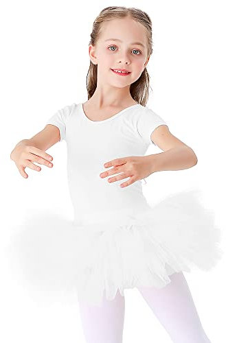 Bezioner Kinder Ballettkleidung Tütü Ballettkleid Mädchen Baumwolle Balletttrikot Kurzarm Ballettanzug Tanzbody mit Rock Weiß Kurze Ärmel 130