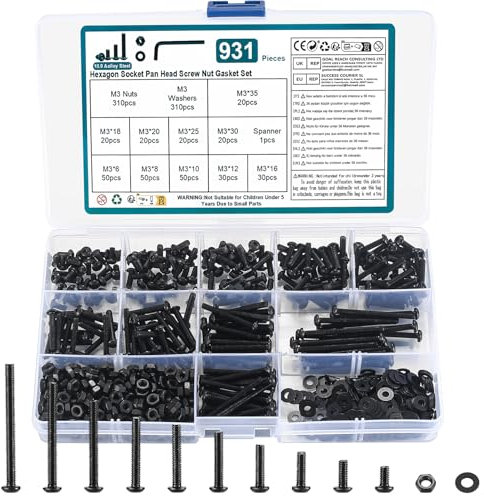 Set di Viti M3, 931 Pcs Bulloni a Testa Esagonale Incassata e Rondelle Assortite, Viti a Macchina nere con Testa Lente e Dadi, Resistenti alla Corrosione e Adatti per Molti Usi