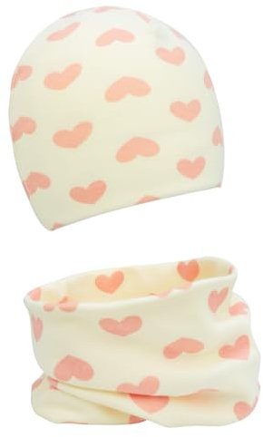 FORUHOO Baby Mädchen Beanie Mütze + Schlauchschal 2er Set, Wintermütze für Jungen Mädchen Baumwolle(Weiß Herz,44-48)