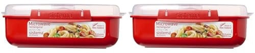 Sistema Rectangle Microwave Container | 1.25 L | BPA-Free | Red/Clear (Pack of 2)