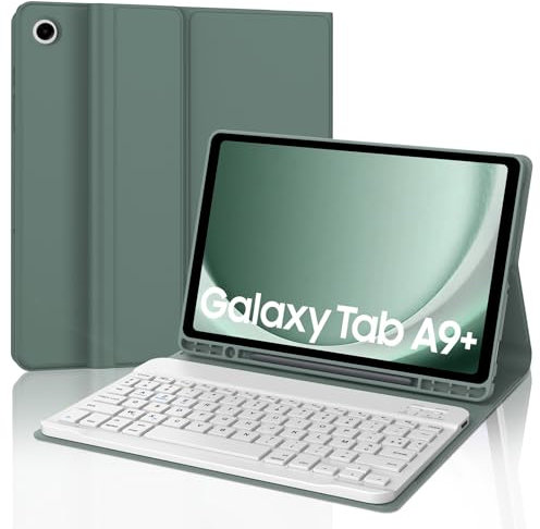 JADEMALL Coque Clavier pour Samsung Galaxy Tab A9 Plus 2023 11, AZERTY Français Clavier Bluetooth Détachable pour Samsung Galaxy Tab A9+/A9 Plus 11 2023, Vert foncé
