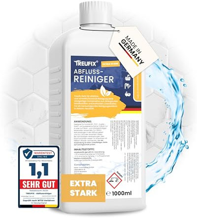 Treufix - Abflussreiniger I drain cleaner [EXTRA STARK] - Rohrreiniger beseitigt Verstopfungen und unangenehme Gerüche - Abflussfrei im Bad, WC, Küche - maximale Sauberkeit 1L - Made in DE