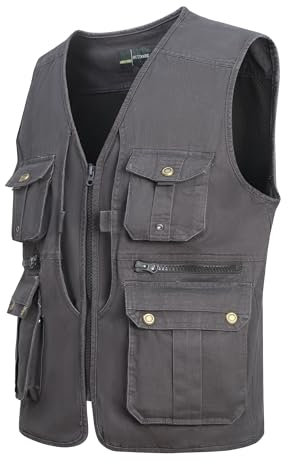 MeiLayM Herren Outdoor Weste Anglerweste mit Vielen Taschen Freizeit Jagd Herrenwesten Sommer Camping Multifunktionsweste Schnelltrocknend Ärmellos Jacke Fotografie Hundesport Weste Grau,4XL