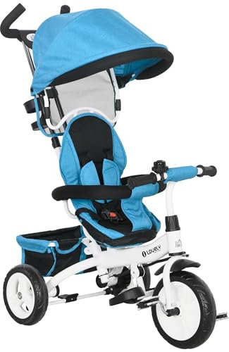 HOMCOM Triciclo para Bebés 6 en 1 Triciclo Evolutivo para Niños de 1-5 Años con Toldo Plegable Mango de Empuje Telescópico Cinturón de Seguridad y Cesto Carga 25 kg 95x50x106 cm Azul