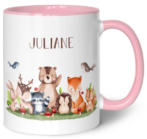 GRAVURZEILE Bedruckte Tasse mit Namen - Tiergruppe Waldtiere - Personalisierte Geschenke für Jungen & Mädchen Kinder zum Geburtstag Einschulung Kommunion und Konfirmation - Rosa