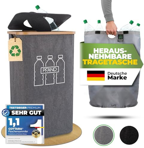 COTTARA® Pfandflaschen Sammelbehälter mit Deckel und Tragetasche | Pfandbehälter mit Einwurf | Ideal als Pfandflaschen Behälter Flaschensammler Leergut Sammelbehälter für Küche (Grau)