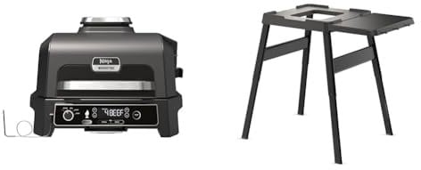NINJA Woodfire Barbecue électrique et fumoir Pro XL avec thermomètre, Barbecue et Air Fryer & Woodfire Table d'appoint, Support réglable et latérale, Support pour Barbecue, Grill