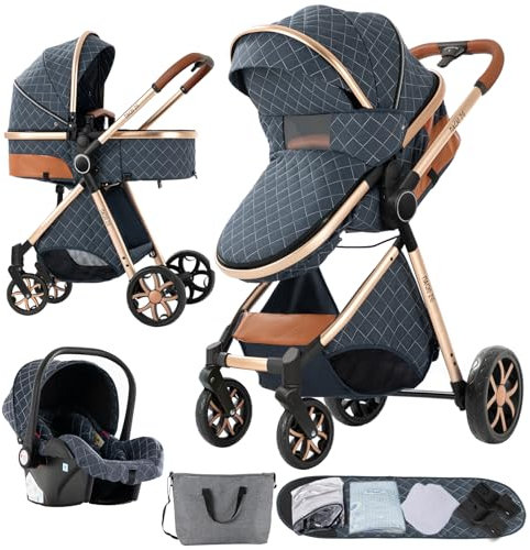 Nine point nine Kinderwagen 3 in 1, Kinderwagen Set mit Umkehrbarem Doppelschiebemodus, Kombikinderwagen 3 in 1 mit Großer Bequemer Babywanne, Kinderwagen Rahmen Aluminiumlegierung (V9 Blue)