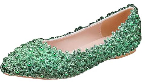 Jamron Womens Elegant Pointed Toe Flower Lace Pearls Bridal Shoes Pumps Soft Sole Ballet Flats Green SN070435 UK4