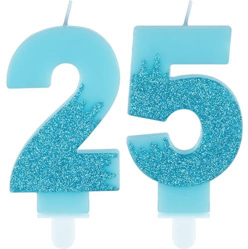 Blue 25th Birthday Candles, Blue Number 25 Candles Frozen Cake Decorations, Blue Frozen Party Candles, Glitter Blue Candle Cake Topper for Girls Boys Birthday Party Decor Wedding Anniversary Supplies