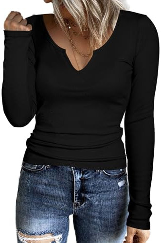 Aottori Camiseta Negro Mujer Manga Larga Cuello en V Basica Top Elegante Algodon Acanalada Camisetas Elástico Ajustado Jersey de Punto Casual Túnica Blusa Negro S