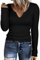 Aottori Camiseta Negro Mujer Manga Larga Cuello en V Basica Top Elegante Algodon Acanalada Camisetas Elástico Ajustado Jersey de Punto Casual Túnica Blusa Negro S