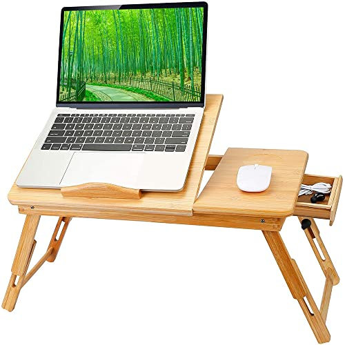 Table de Lit, Petite Table pour Ordinateur Portable en Bambou, Tablette, Plateau pour Petit Déjeuner, Petit Tiroir, Lap Desks Plateau,Réglable Portable pour Ordinateur-66 * 30 * 35 cm-Couleur Bois