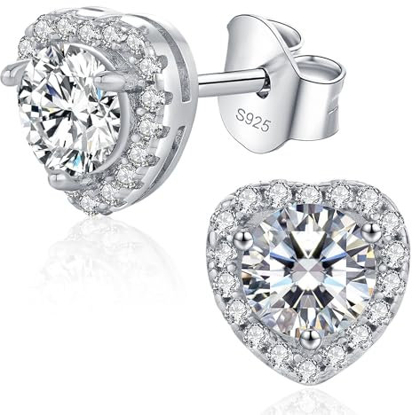 LAVUMO Moissanite Ohrringe Silber 925,1-2 Karat Moissanite Ohrstecker Herz Ohrringe Damen VVS1 Hypoallergen Schmuck Damen Geschenke für Frauen Freundin Jubiläum Valentinstag (1 Karat (0.5ct*2)-5 mm)