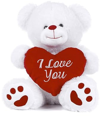 Beyond Happy 'I Love You' Cuddly Teddy Bear - 20cm Soft Plush Valentines Love Bear Holding Red Heart (White)