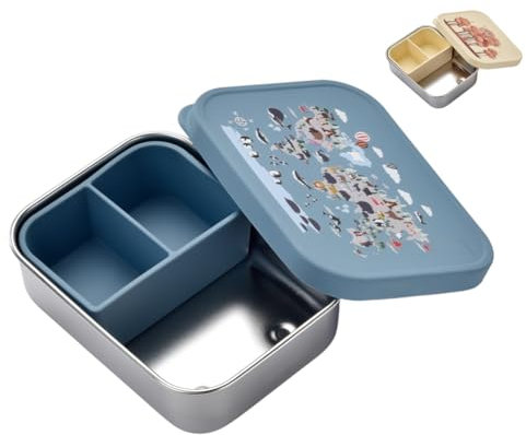 Jenard® Edelstahl Brotdose für Kinder – kompakte Brotdose/leichte Snackbox mit Silikon Deckel & Trennfach. Ideal für Kindergarten & unterwegs. Auslaufsicher & BPA-frei. (Weltkarte Tiere/Blau)