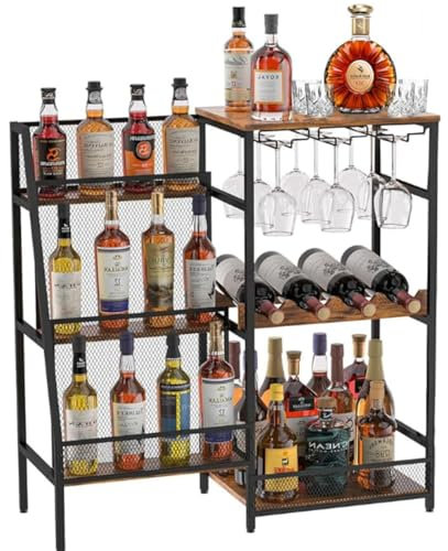 Warmiehomy Wine Racks Free Standing Mini Bar Drinks Cabinet for Home Bar Living Room Bedroom Kitchen, 3-Tier Trapezoidal Liquor Stand with Bottle Display Shelf, Glass Holder and Fences