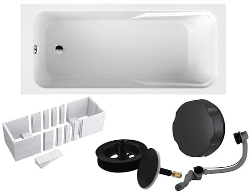 VBChome Badewanne 150 x 70 cm Weiß Acryl SET Wannenträger Schwarz Siphon Wanne Rechteck Design Modern Styroporträger Ablaufgarnitur in Schwarz