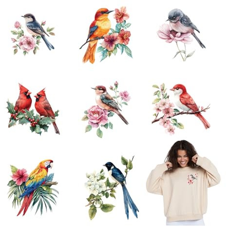 SUPERDANT 9 Stück Vögel Und Blumen Bügelbilder Wärmeübertragung Patches Papagei Wärmeübertragungsaufkleber Aufbügler Kolibris Erdbeer Kirsch Aufbügler Für T Shirts Kleidung Jeans Rucksäcke